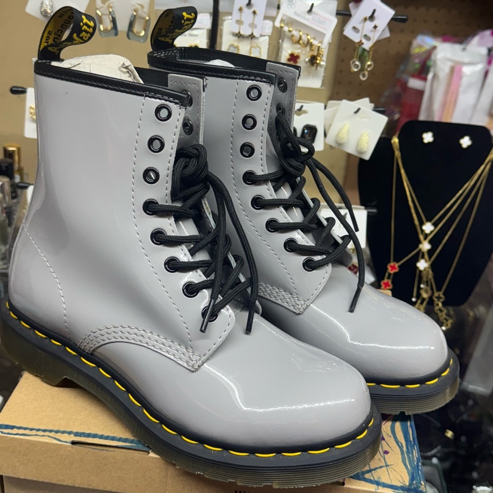 Dr. Martens Glossy Gray Combat Boots